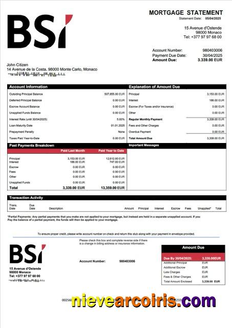 Monaco BSI Monaco mortgage statement Word and PDF template